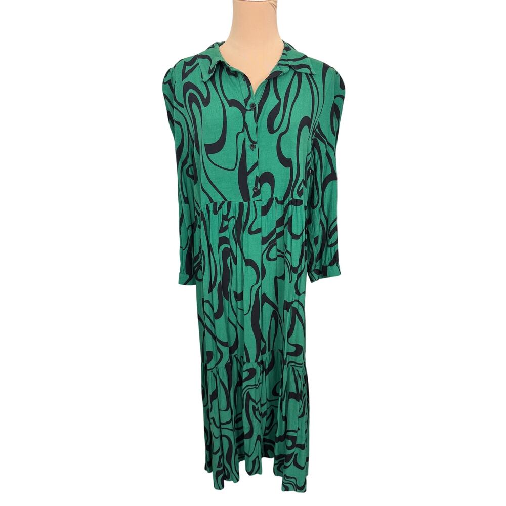 Zara Women’s Large Green Abstract Swirl Print Tiered Button Shirt Dress
